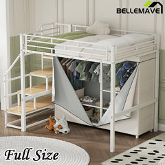 Bellemave® Metal Loft Bed with Wardrobe and Storage Shelves