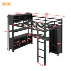 Bellemave® Full Size Metal Loft Bed with Wardrobe And L-shaped Desk, Storage Cubes and Shelves