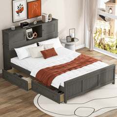 Bellemave® Full Size Platform Bed with Storage Headboard and Sliding Door,2 Drawers