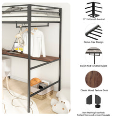 Bellemave® Twin Loft Bed with Cinnamon Wood Desk and Closet Rod