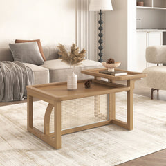 Bellemave® Modern 2 Piece Nesting Rattan Wood + MDF Coffee Table Set