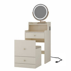 Bellemave® 3 in 1 Vanity Desk with Mirror and Light ,2 drawers and Upholstered Stool ,Charging Station