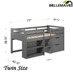 Bellemave® Twin Size Low Loft Bed with Storage Drawers and Open Shelves