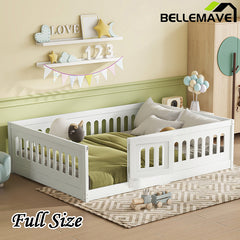 Bellemave® Solid Wood Floor Bed with Heightened Safety Guardrails and Door, No Slats Included