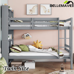 Bellemave® Twin Size Rubber Wood Bunk Bed with Shelves Headboard, Safety Guardrails and Ladder(Convertible)