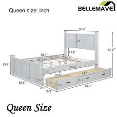 Bellemave® Farmhouse Style Four Square Poster Platform Bed with Three Storage Drawers