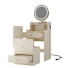 Bellemave® 3 in 1 Vanity Desk with Mirror and Light ,2 drawers and Upholstered Stool ,Charging Station