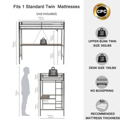 Bellemave® Twin Loft Bed with Cinnamon Wood Desk and Closet Rod