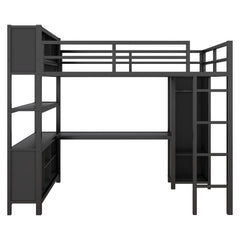 Bellemave® Full Size Metal Loft Bed with Wardrobe And L-shaped Desk, Storage Cubes and Shelves