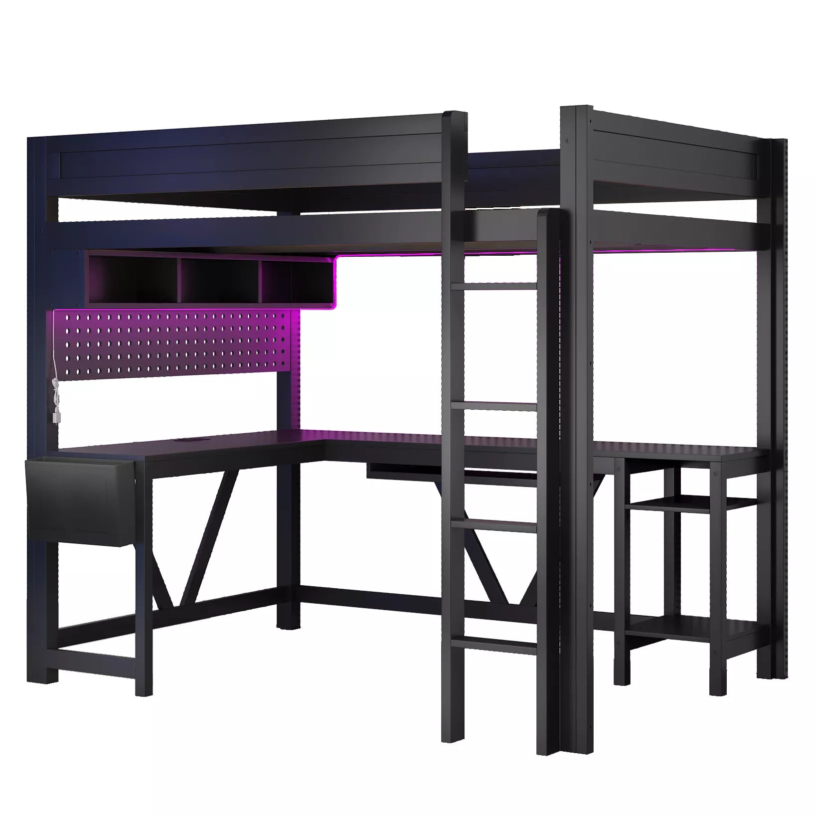 gaming loft bed with storage shelves for accessories