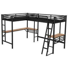 Bellemave® Double Twin Size Metal Loft Bed with Two Built-in Desks