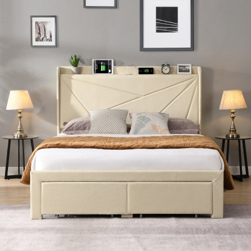 Bellemave® Upholstered Platform Bed with 2 Storage Drawers and Wingback Headboard, Storage Shelf Built-in USB Charging Stations Bellemave®