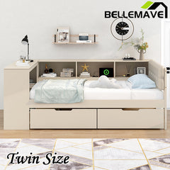 Bellemave®  Wood Daybed with Storage Shelves, Drawers, Charging Station and Upholstered Headboard