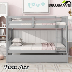 Bellemave® Twin Size Rubber Wood Bunk Bed with Trundle Bed, Convertible into 2 Twin Size Beds