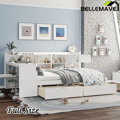 Bellemave® Wooden L-Shape Daybed with Seven Storage Cabinets and Two Storage Drawers, Study Desk and Built-in Bookshelf