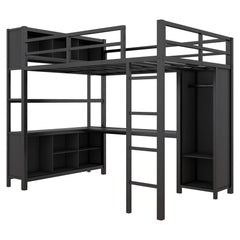 Bellemave® Full Size Metal Loft Bed with Wardrobe And L-shaped Desk, Storage Cubes and Shelves