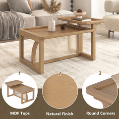 Bellemave® Modern 2 Piece Nesting Rattan Wood + MDF Coffee Table Set