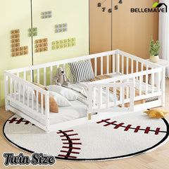 Bellemave® Twin Size Floor Bed Frame with Door and Slats,Wood Kids Montessori Floor Bed with Safety Guardrails Bellemave®