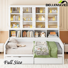 Bellemave® Wooden Daybed with Glass-Door Storage Cabinets, Built-in LED Lighting and Shelves