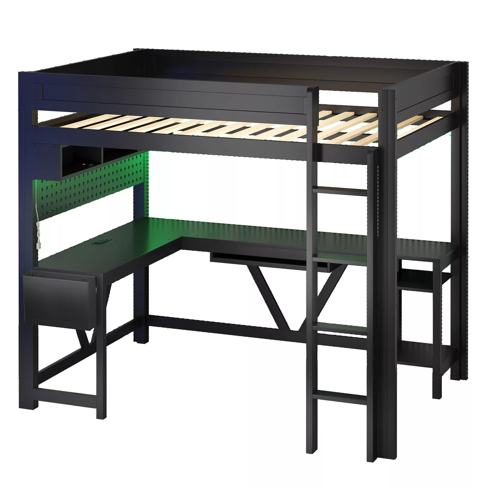 loft bed with desk storage and gaming setup