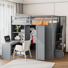 Bellemave® Full Size Loft Bed with Wardrobe,Desk and Shelves