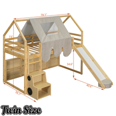 Bellemave® Twin Size Loft Bed with Play House Shape, Wooden Loft Bed House-Shaped Frame with a Tent, Slide & a Ladder Bellemave®