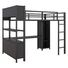 Bellemave® Full Size Metal Loft Bed with Wardrobe And L-shaped Desk, Storage Cubes and Shelves