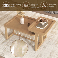 Bellemave® Modern 2 Piece Nesting Rattan Wood + MDF Coffee Table Set