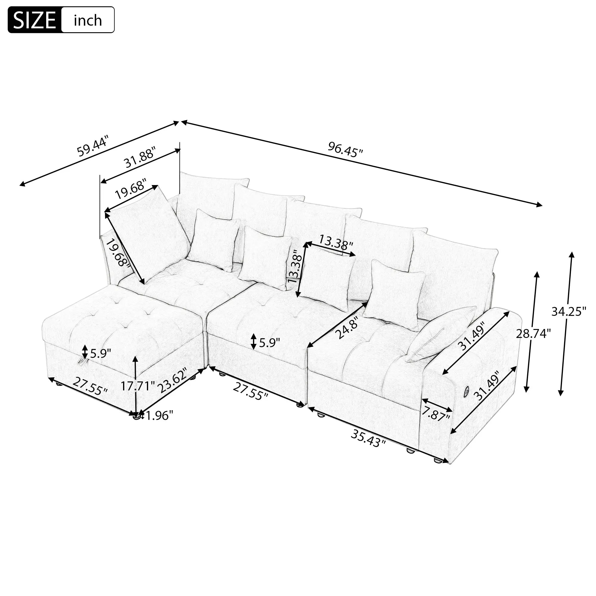 Bellemave® 96.45" Modular Sofa Couch with Three USB Ports, a Removable Storage Ottoman and Five Back Pillows Bellemave®