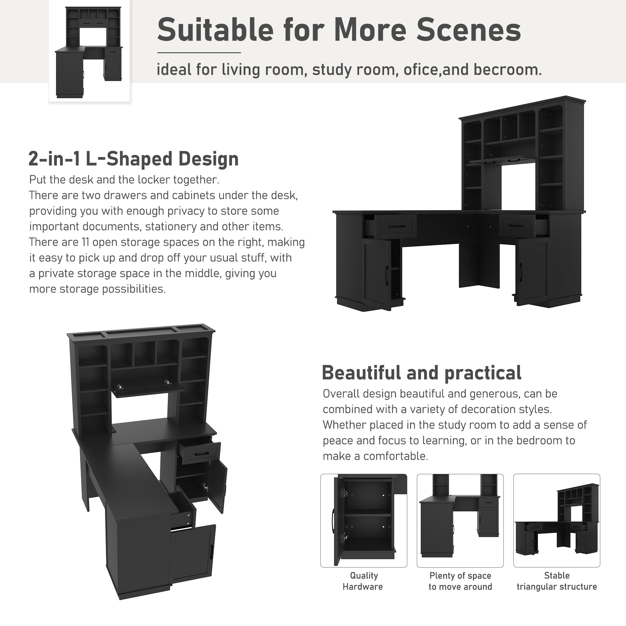 Bellemave® L-Shaped Computer Desk with Storage - 2 Cabinets & 2 Drawers & 12 Shelves, Black Corner Desk for Gaming, Home Office, Study and Living Room Bellemave®