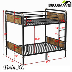 Bellemave® Twin XL Size Metal Bunk Bed, Industrial Detachable Bunk Beds with Safety Guard Rails