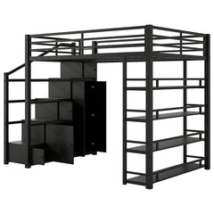 Bellemave® Full Size Metal Loft Bed with Storage Shelves, Cabinets and Wardrobe