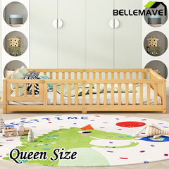 Bellemave® Queen Size Montessori Floor Bed with Safety Guardrails and Door