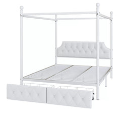 Bellemave® Queen Upholstered Canopy Bed Frame with 2 Drawers, Headboard & Storage, Four-Poster Metal Platform Bed Frame, White Bellemave®
