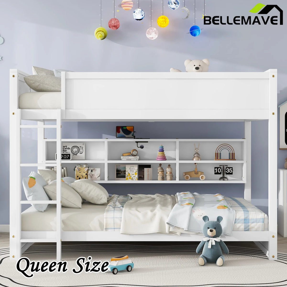 Bellemave® Queen Size Solid Pine Wood Bunk Bed with Built-in Storage Cabinets, Charging Station, Ladder, Safety Guardrails