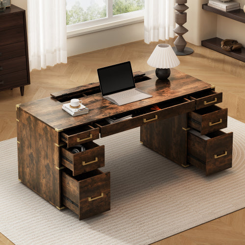 Bellemave® 70" Classic and Traditional Executive Desk with Metal Edge Trim ,Writing Desk with 2 file drawers,USB Ports and Outlets