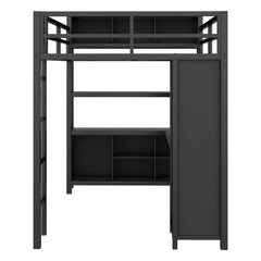 Bellemave® Full Size Metal Loft Bed with Wardrobe And L-shaped Desk, Storage Cubes and Shelves