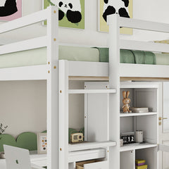 Bellemave® Full Size Loft Wood Bed with Desk, Storage shelves and Drawers, Built-in Ladder and Guardrails