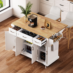 Bellemave® 54" Large Kitchen Island on 4 Wheels with Rubber Wood Drop Leaf, 4 Doors and 3 Drawers