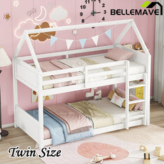 Bellemave® Twin Size Rubber Wood House Floor Bunk Bed with Headboards, Footboards and Guardrails, Ladder