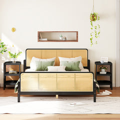 Bellemave® 3-Pieces Full Size Rattan Platform Bed With 2 Nightstands