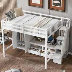 Bellemave® Full Size Loft Bed with Wardrobe,Low Storage Table and Storage Staircase