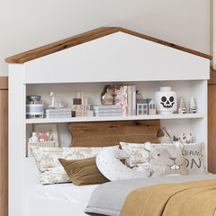 Bellemave® Twin Size House-Shaped Wooden Bed with Storage Shelf on the Headboard, Built-in Two Storage Drawers