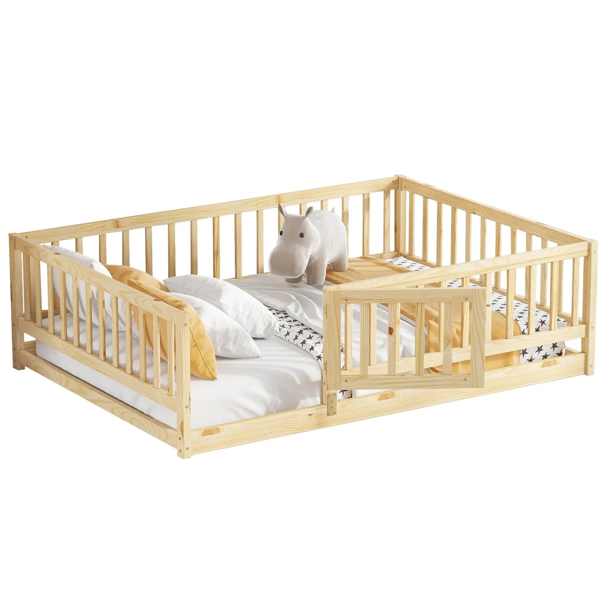 Bellemave® Twin Size Floor Bed Frame with Door and Slats,Wood Kids Montessori Floor Bed with Safety Guardrails Bellemave®