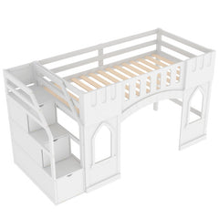 Bellemave® Twin Size Castle Shape Loft Bed with Storage Staircase and Window