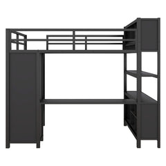 Bellemave® Full Size Metal Loft Bed with Wardrobe And L-shaped Desk, Storage Cubes and Shelves