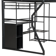 Bellemave® Full Size Metal Gaming Loft Bed with Built-in Work Station, Open Wardrobe, LED and Multiple Storage