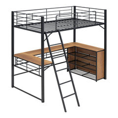 Bellemave® Metal Loft Bed with 3 Layers of Shelves and L-shaped Desk