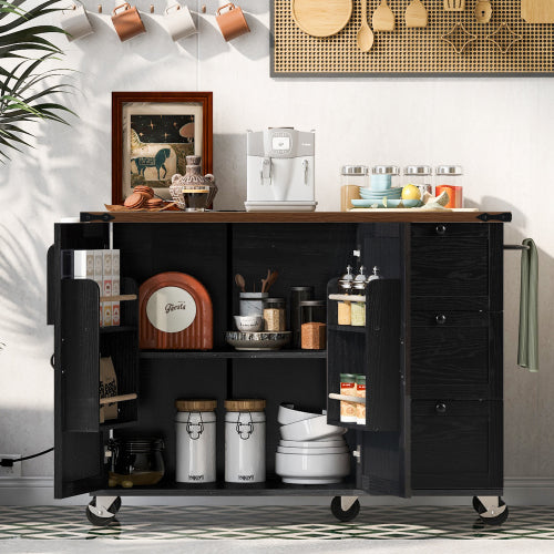 Bellemave® 54.5" Farmhouse Kitchen Island with Power Outlet and Internal Storage Rack, Drop Leaf and Spice Rack