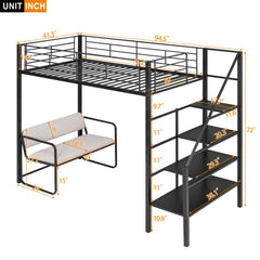 Bellemave® Twin Size Metal Loft Bed with Bench and Storage Staircase